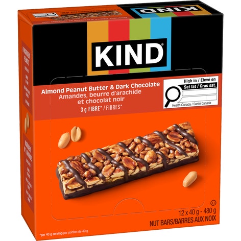 KIND Barres Amandes, beurre d'arachide et chocolat noir, 40 g, 12 unités