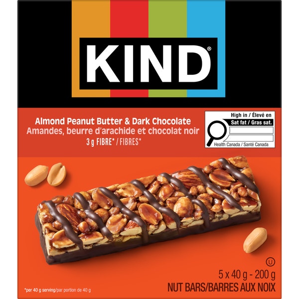 KIND Barres Amandes, beurre d'arachide et chocolat noir, 40 g, 5 unités