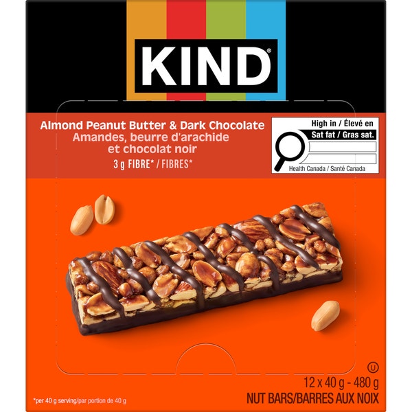 KIND Barres Amandes, beurre d'arachide et chocolat noir, 40 g, 12 unités