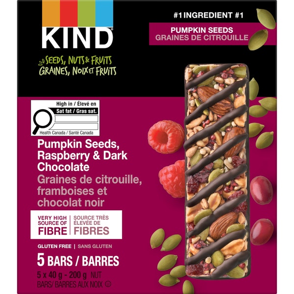 KIND Graines de cirtouille framboises et chocolat noir, 40g, 5 unités