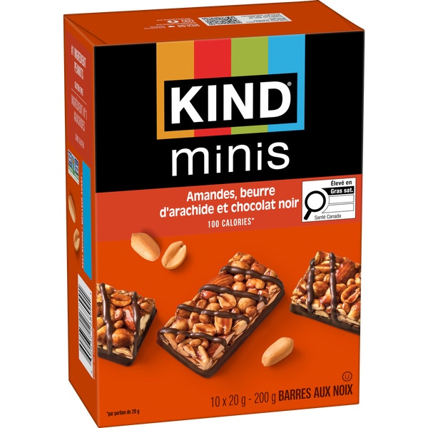 KIND Minis Barres Amandes, beurre d'arachide et chocolat noir, 20 g, 10 unités